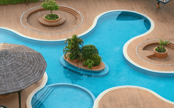 Zona de piscina y terraza iluminada en vivienda turística en Fuerteventura
