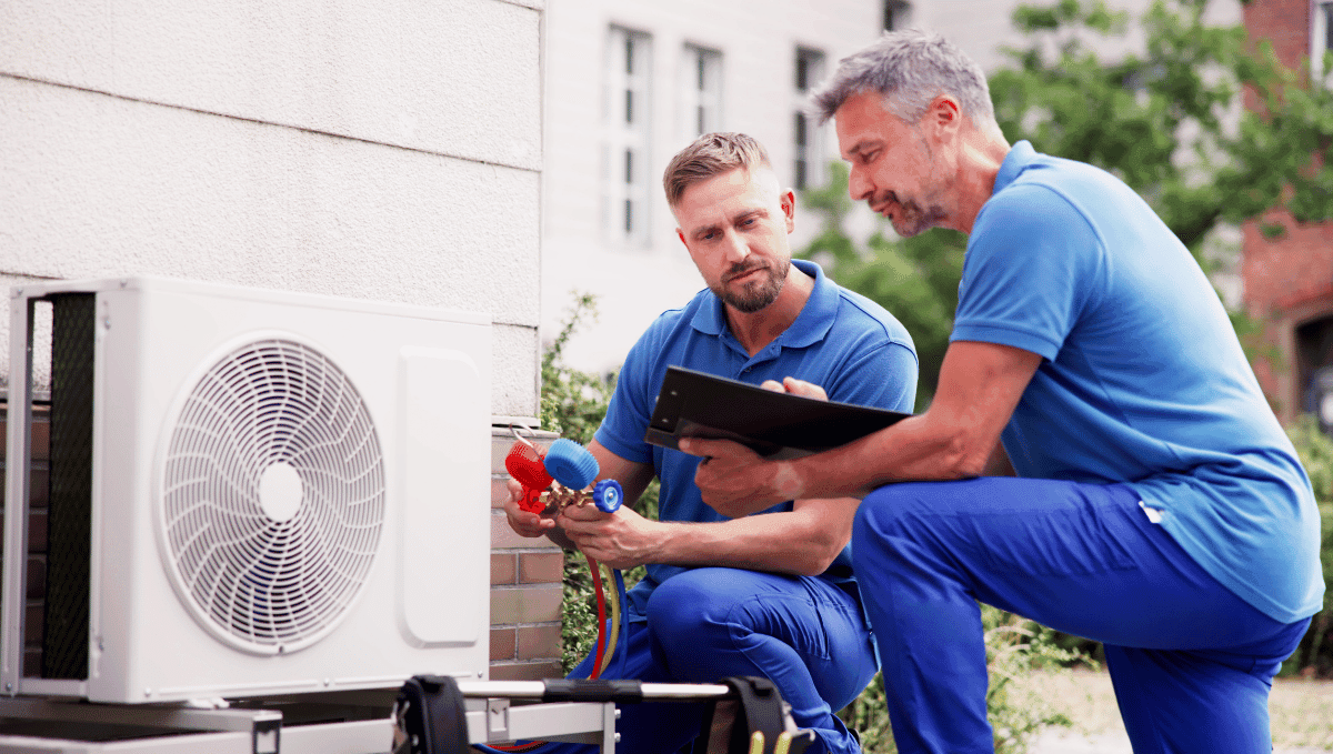 Técnicos instalando aire acondicionado en Fuerteventura durante una revisión del sistema